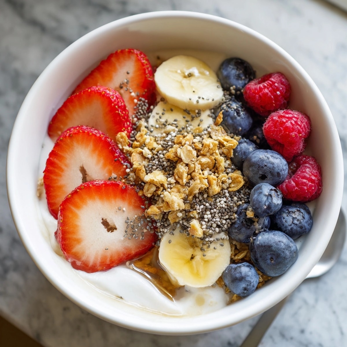 Close-up of a vibrant Berry Yogurt Protein Bowl, topped artfully with fresh berries.