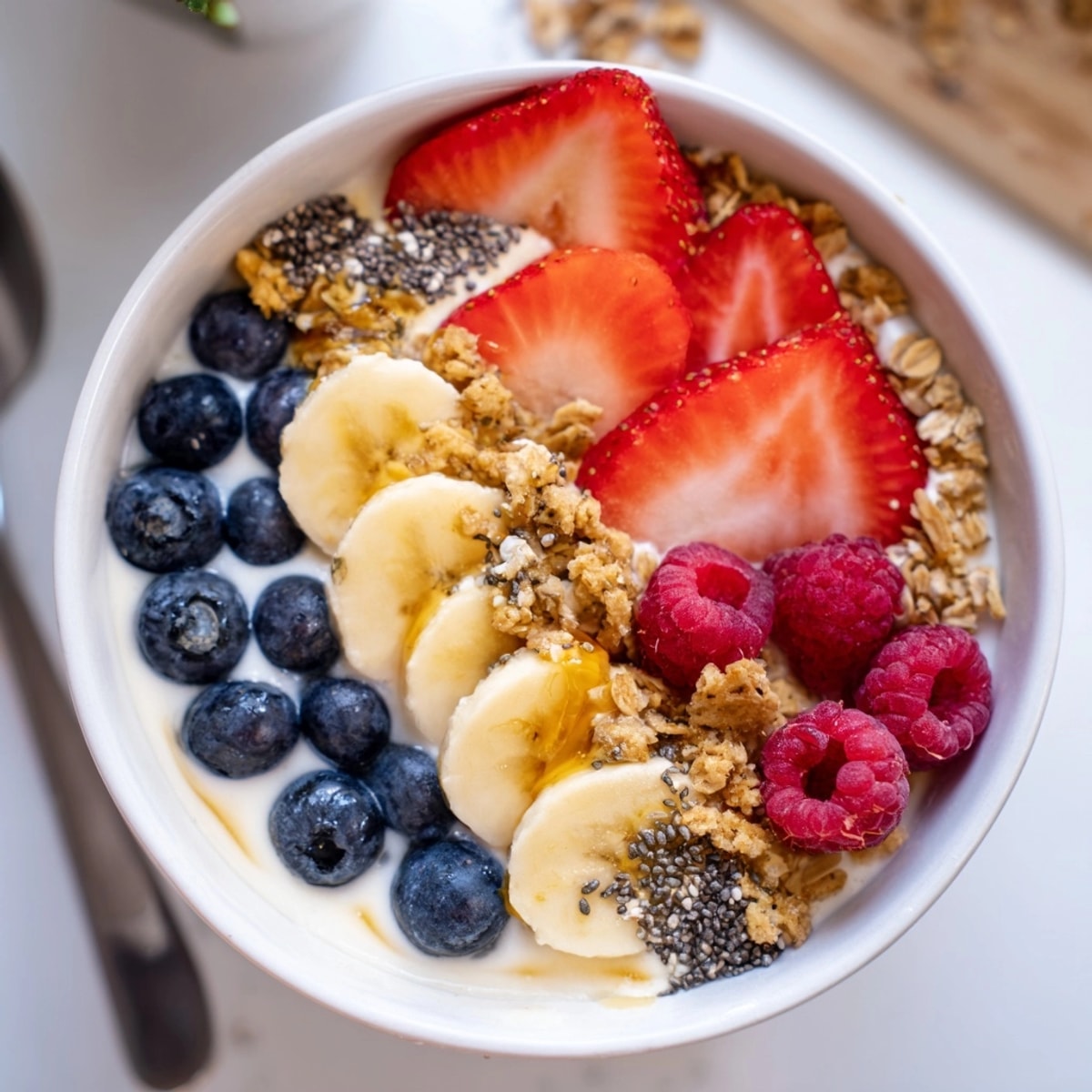 Creamy Berry Yogurt Protein Bowl with granola, drizzled honey, perfect for a quick breakfast.