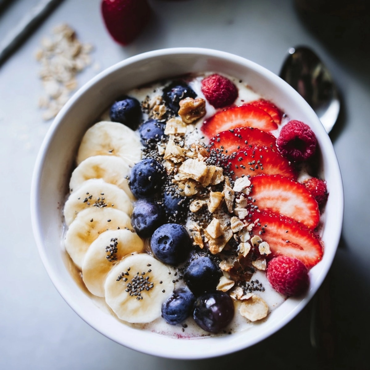 Detailed image: A delicious Berry Yogurt Protein Bowl recipe, featuring fruit, yogurt, and granola.