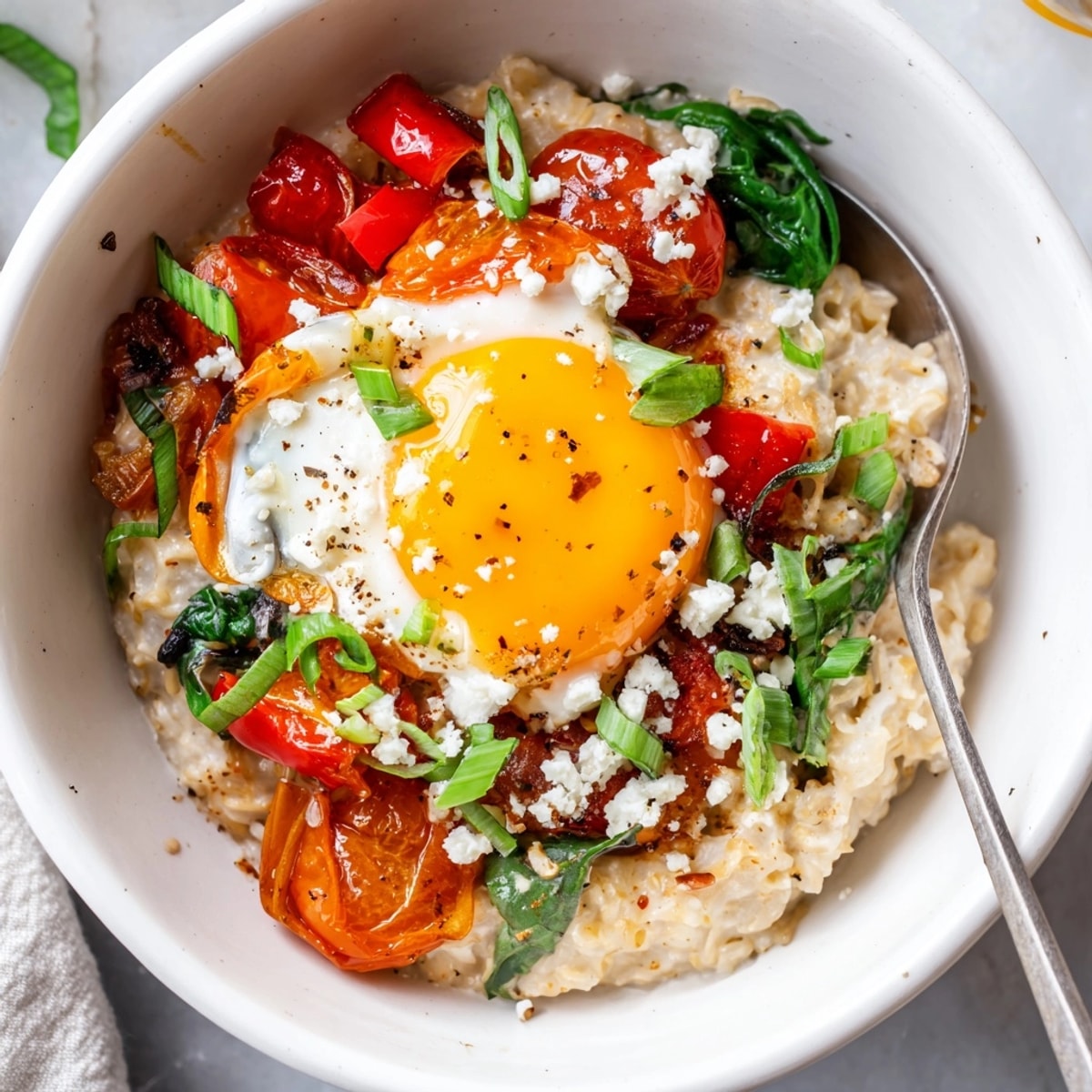 Creamy savory oatmeal egg bowl, topped with vibrant veggies and a perfectly runny yolk.