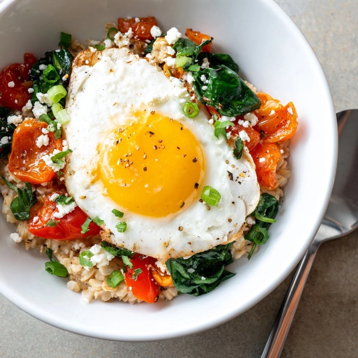 Easy Savory Oatmeal Egg Bowl recipe: A warm, comforting breakfast with greens, cheese, and herbs.