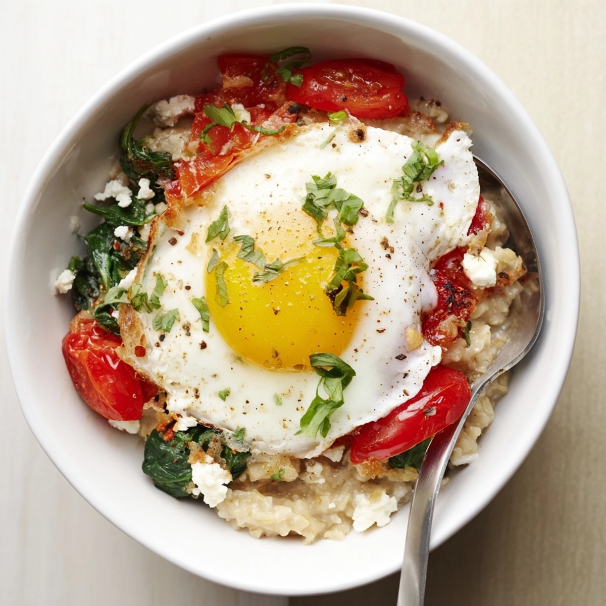 Close up on the Savory Oatmeal Egg Bowl; golden egg oozes over cheesy, herby oatmeal.