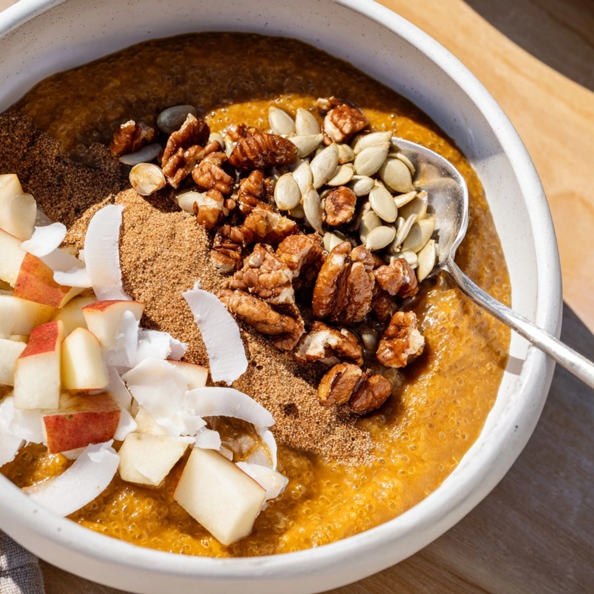 Creamy Pumpkin Spice Chia Bowl close-up, garnished with crunchy pepitas and sweet maple syrup.
