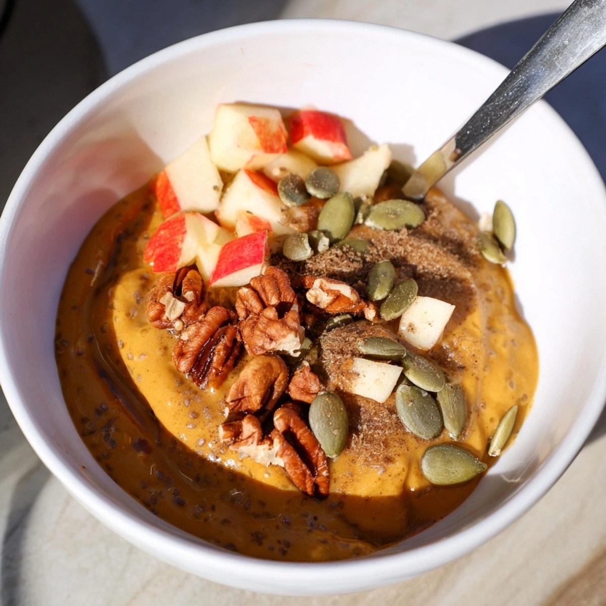 A delicious Pumpkin Spice Chia Bowl showing layers of texture and warm autumn colors.