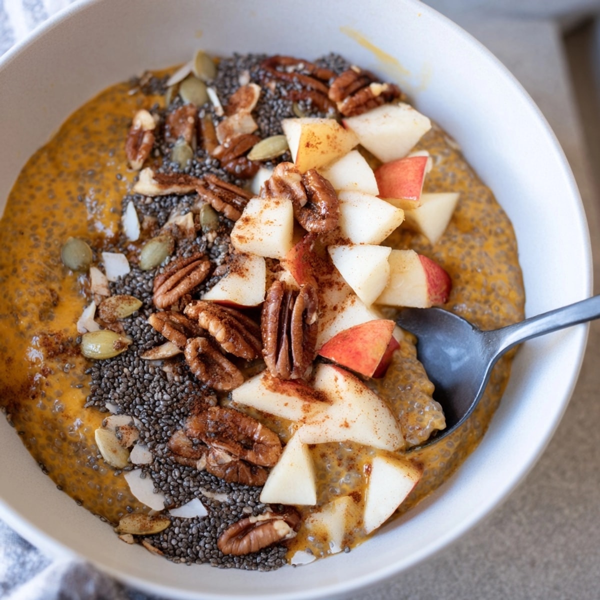 Enjoy a homemade Pumpkin Spice Chia Bowl, topped with diced apples, for a cozy breakfast.