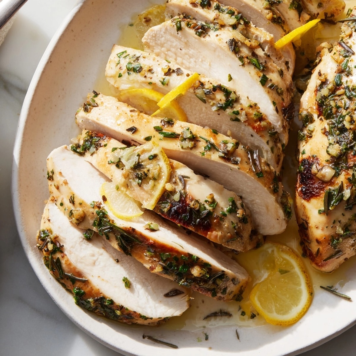 Juicy Lemon Herb Chicken recipe: Golden roasted chicken breasts with fresh herbs and lemon.