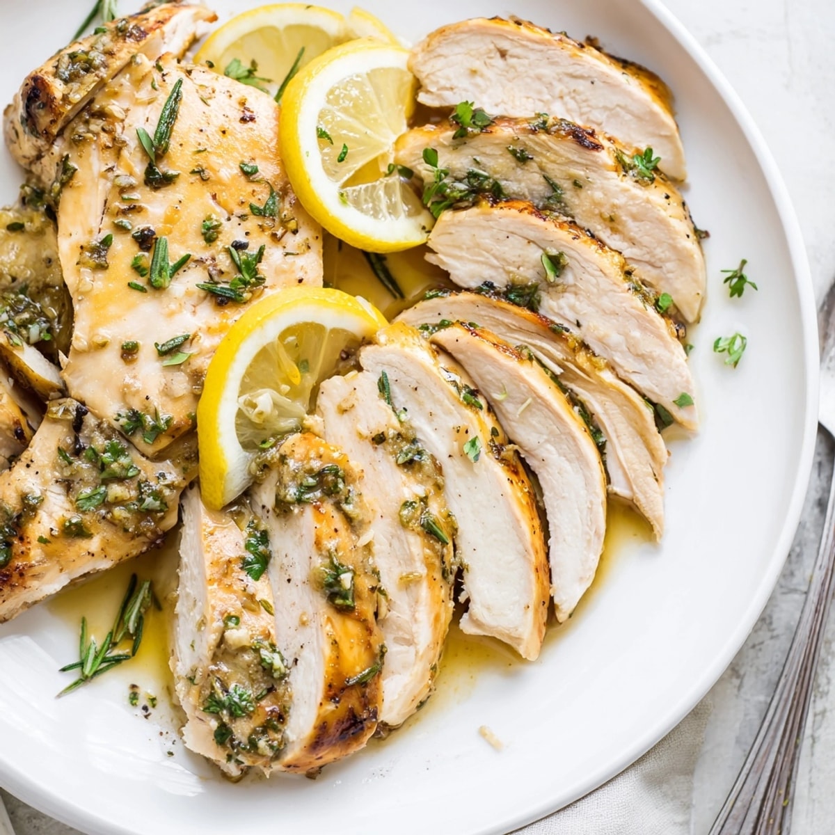Close-up of glistening Lemon Herb Chicken, a simple weeknight dinner ready to serve.