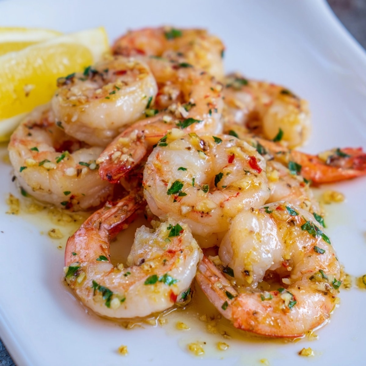 Sizzling Garlic Shrimp Skillet: Shimmering shrimp in a buttery, herb-flecked sauce, ready to serve.
