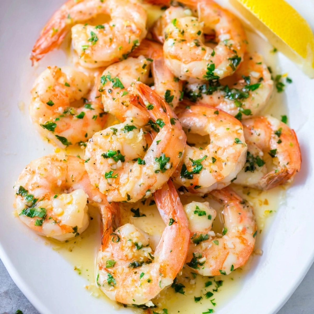 Golden Garlic Shrimp Skillet – succulent shrimp glistening with garlic butter sauce, parsley garnish.