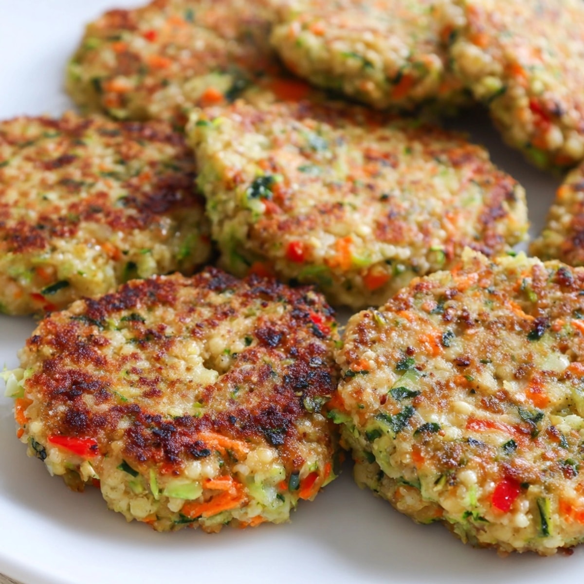 Close-up of tender Turkey Veggie Patties, speckled with colorful vegetables and freshly chopped herbs.