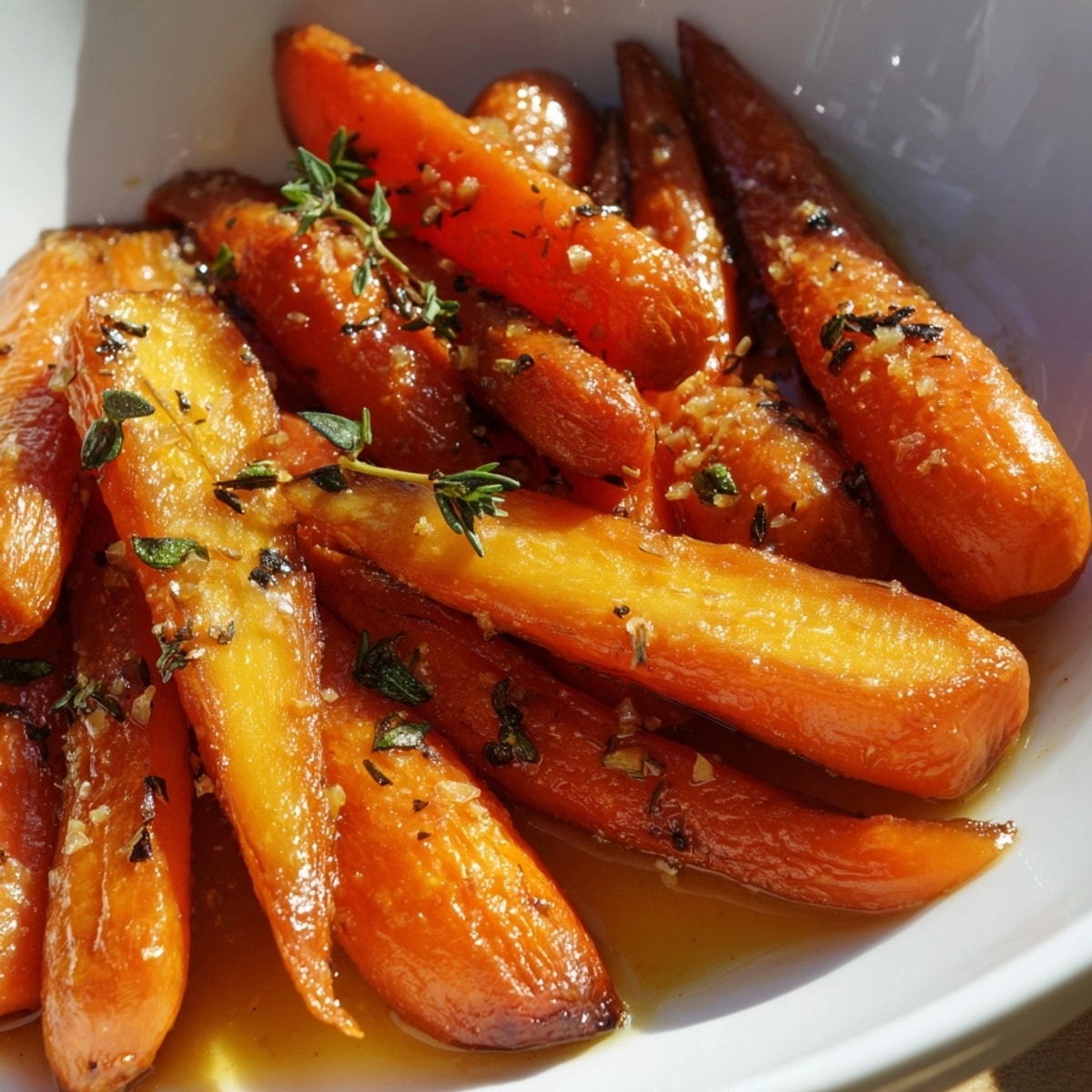 Golden brown Maple Roasted Carrots glistening, fresh thyme and parsley garnish on top.