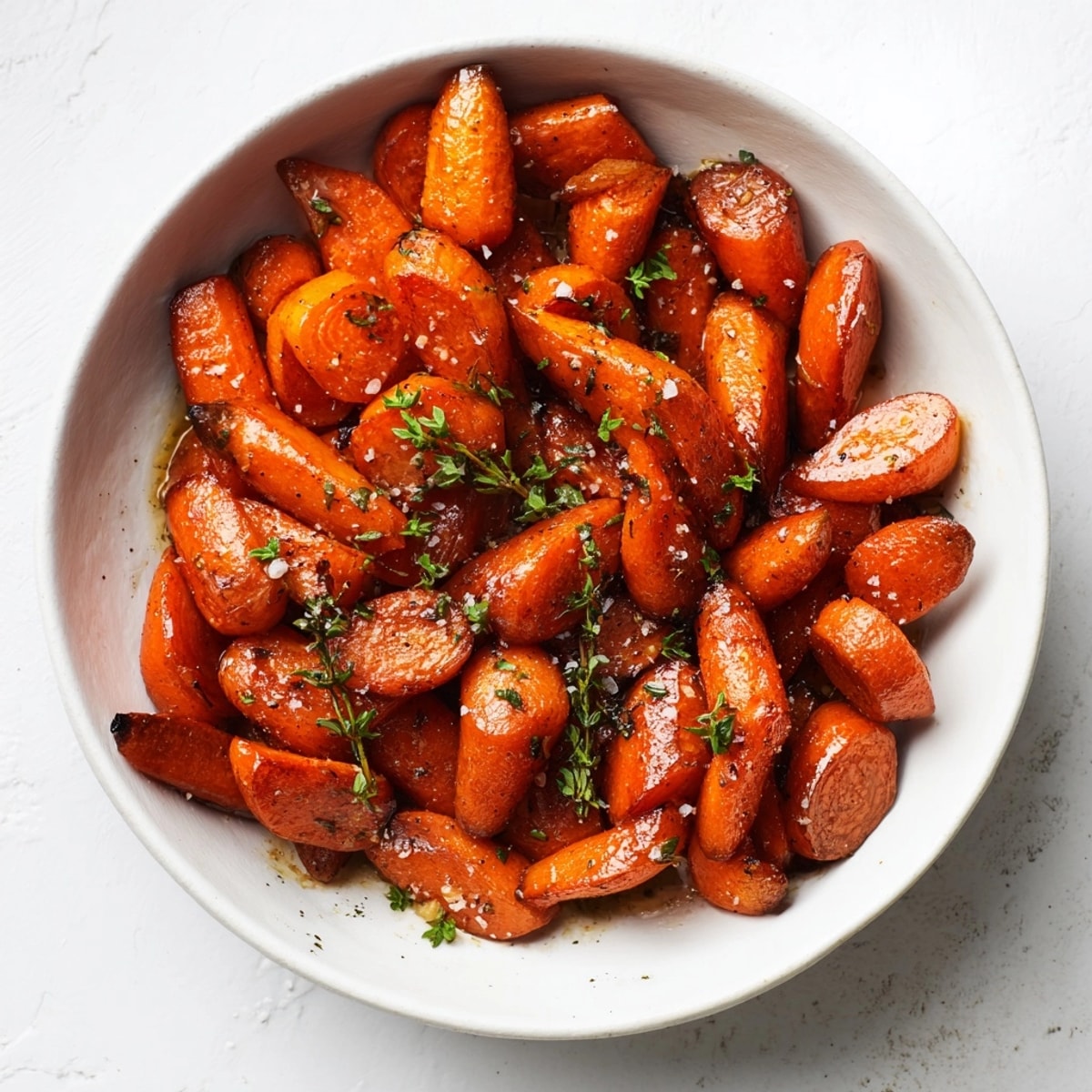 Close-up on caramelized Maple Roasted Carrots glistening with olive oil and maple, aromatic herbs.