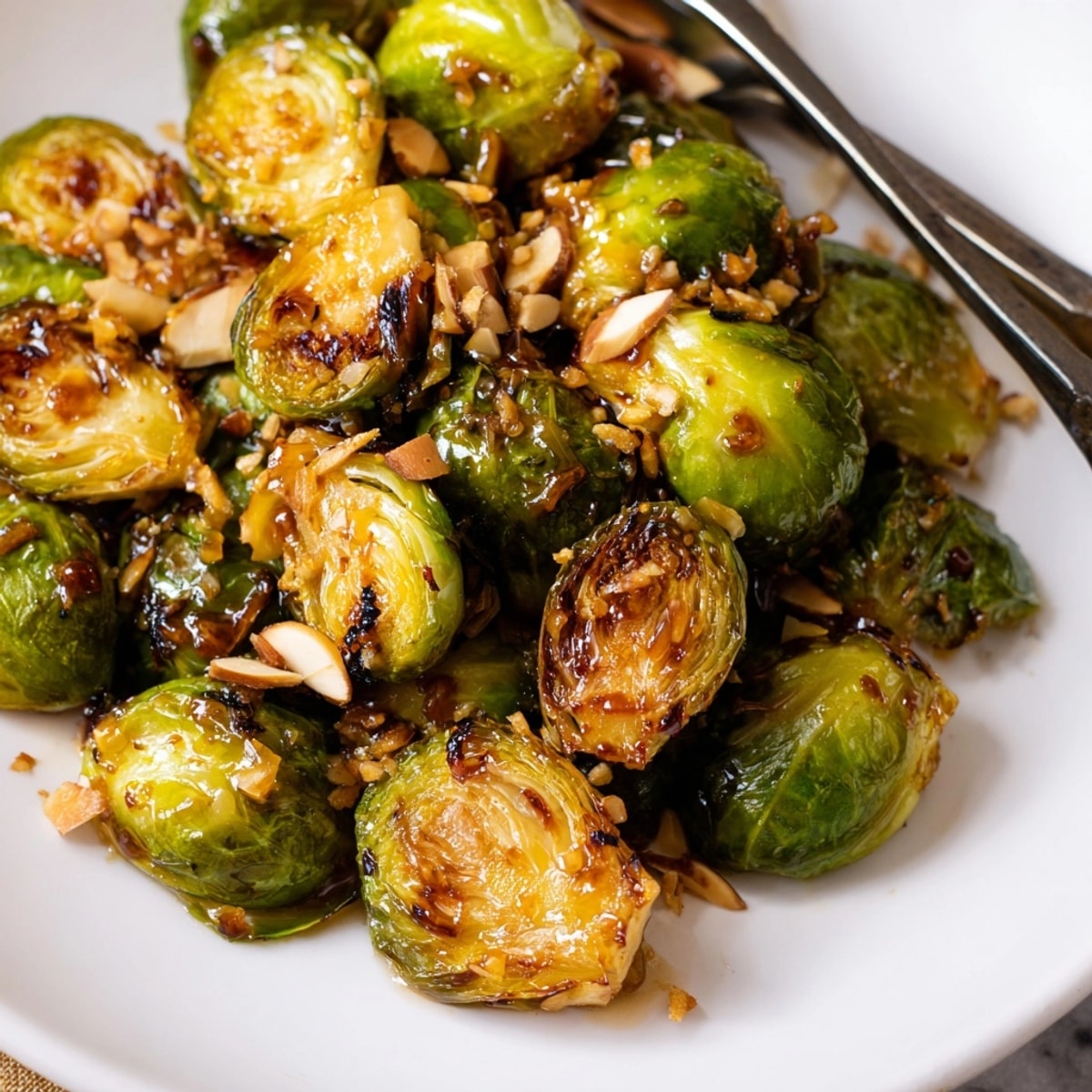 Sweet and tangy glazed Honey Balsamic Brussels Sprouts, garnished with toasted almonds and Parmesan.