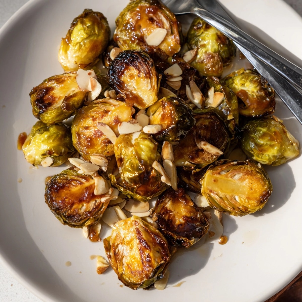 Close-up of crispy Honey Balsamic Brussels Sprouts; a flavorful autumn side dish being served.