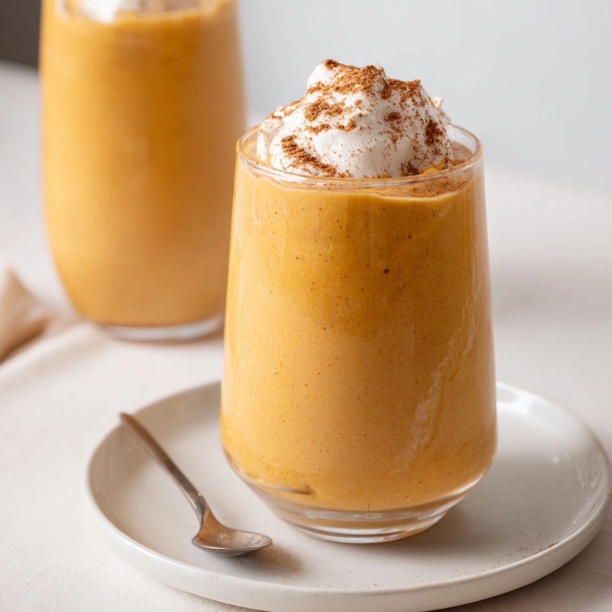 Creamy Pumpkin Pie Smoothie in a glass, a vibrant orange autumn treat.