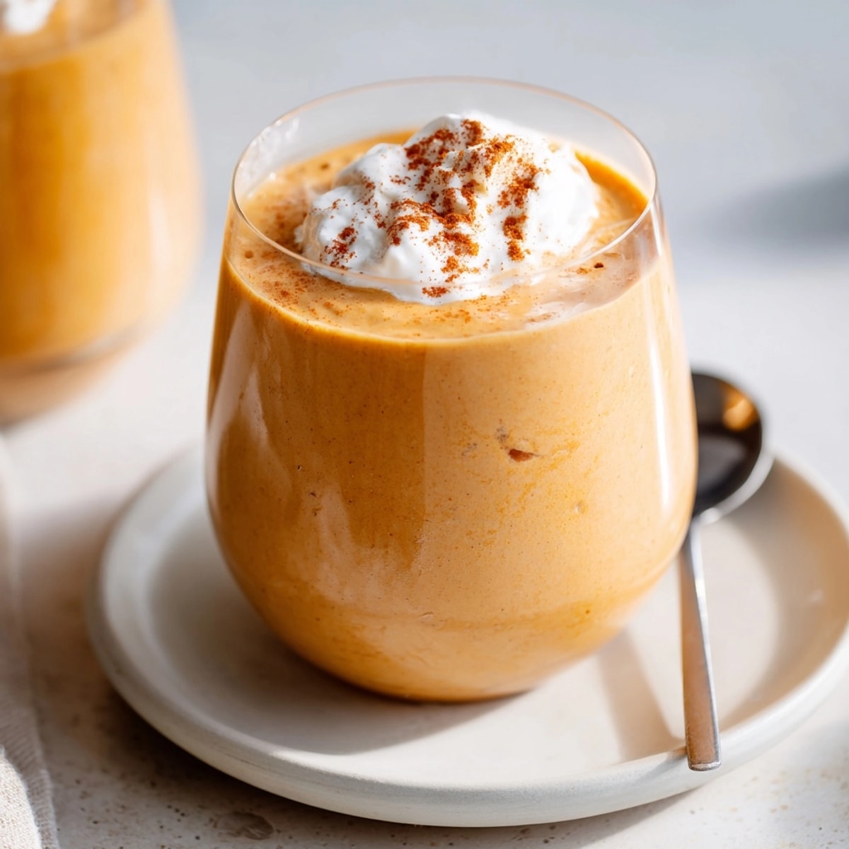 Wholesome breakfast: Blended Pumpkin Pie Smoothie, swirled with cinnamon and ready to enjoy.