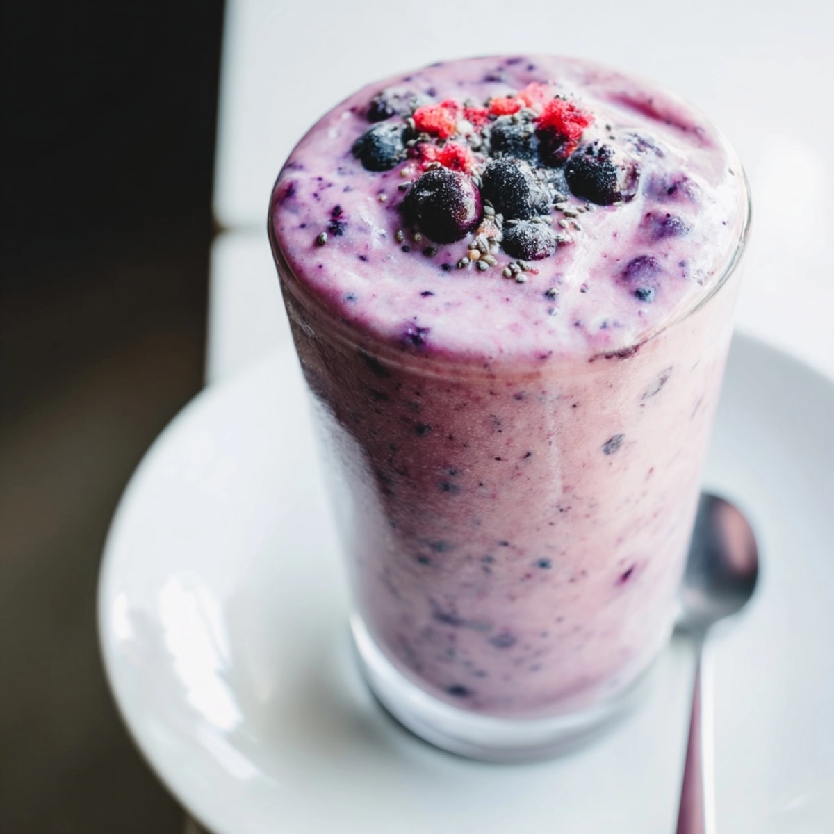 Eye-level shot of a vibrant Berry Protein Smoothie, swirled with fresh fruit toppings.
