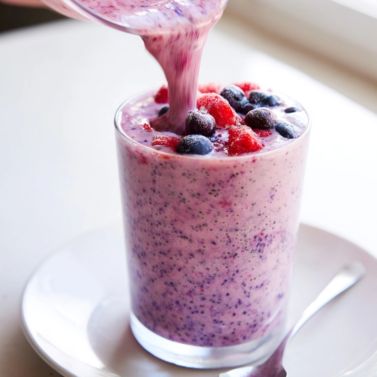 Creamy Berry Protein Smoothie with a hint of banana, ready for a quick breakfast.