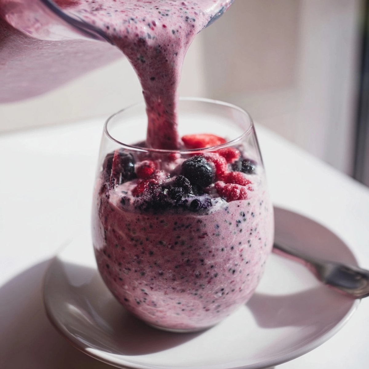 A frothy, cold Berry Protein Smoothie, blended with protein powder, served in glasses.