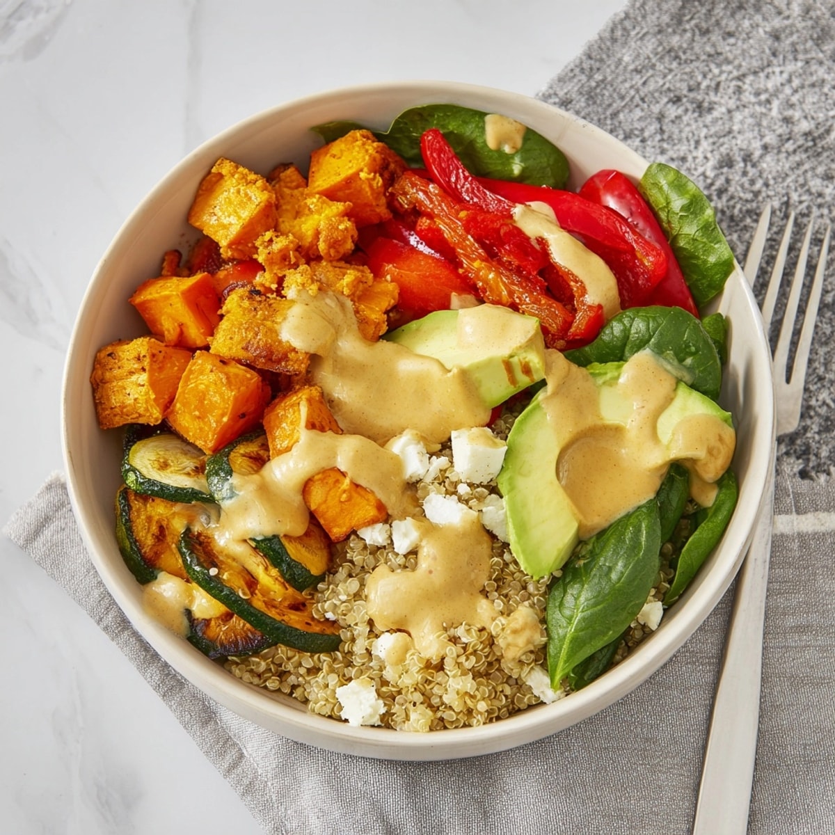Overhead shot of a vibrant Quinoa Power Bowl, bursting with colorful roasted vegetables.
