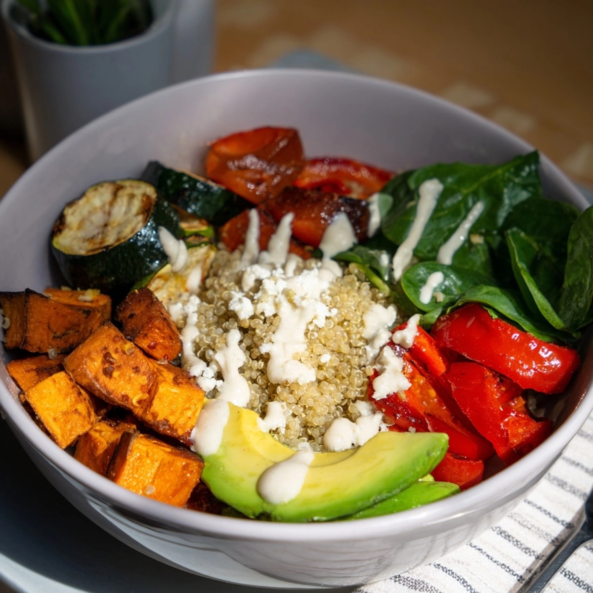 Close-up of a Quinoa Power Bowl, showcasing the creamy tahini dressing drizzled over fresh ingredients.