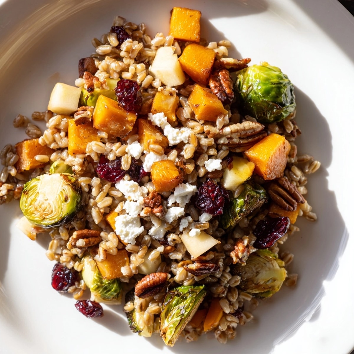 Close-up of the vibrant Farro Harvest Salad, showing roasted vegetables, apples, and cranberries.