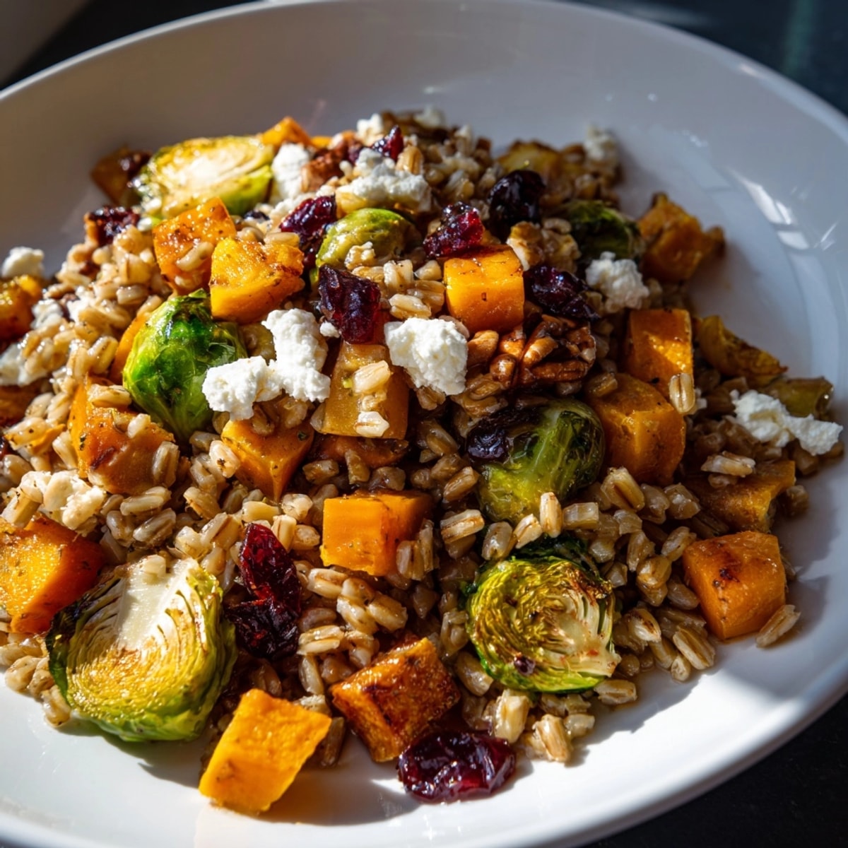 Hearty Farro Harvest Salad: a colorful fall dish of grains and roasted veggies.