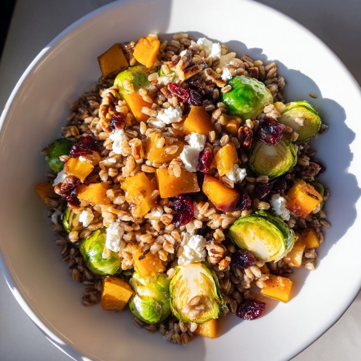 Nourishing Farro Harvest Salad with maple-Dijon dressing, ready to serve for a wholesome meal.
