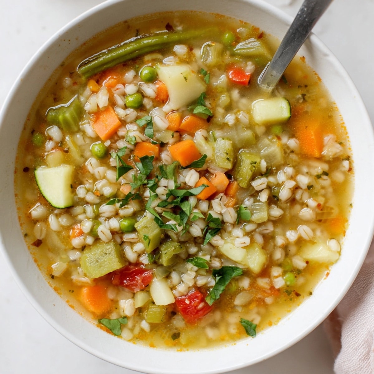 Steaming bowl of hearty Barley Vegetable Soup, speckled with colorful diced fresh vegetables.