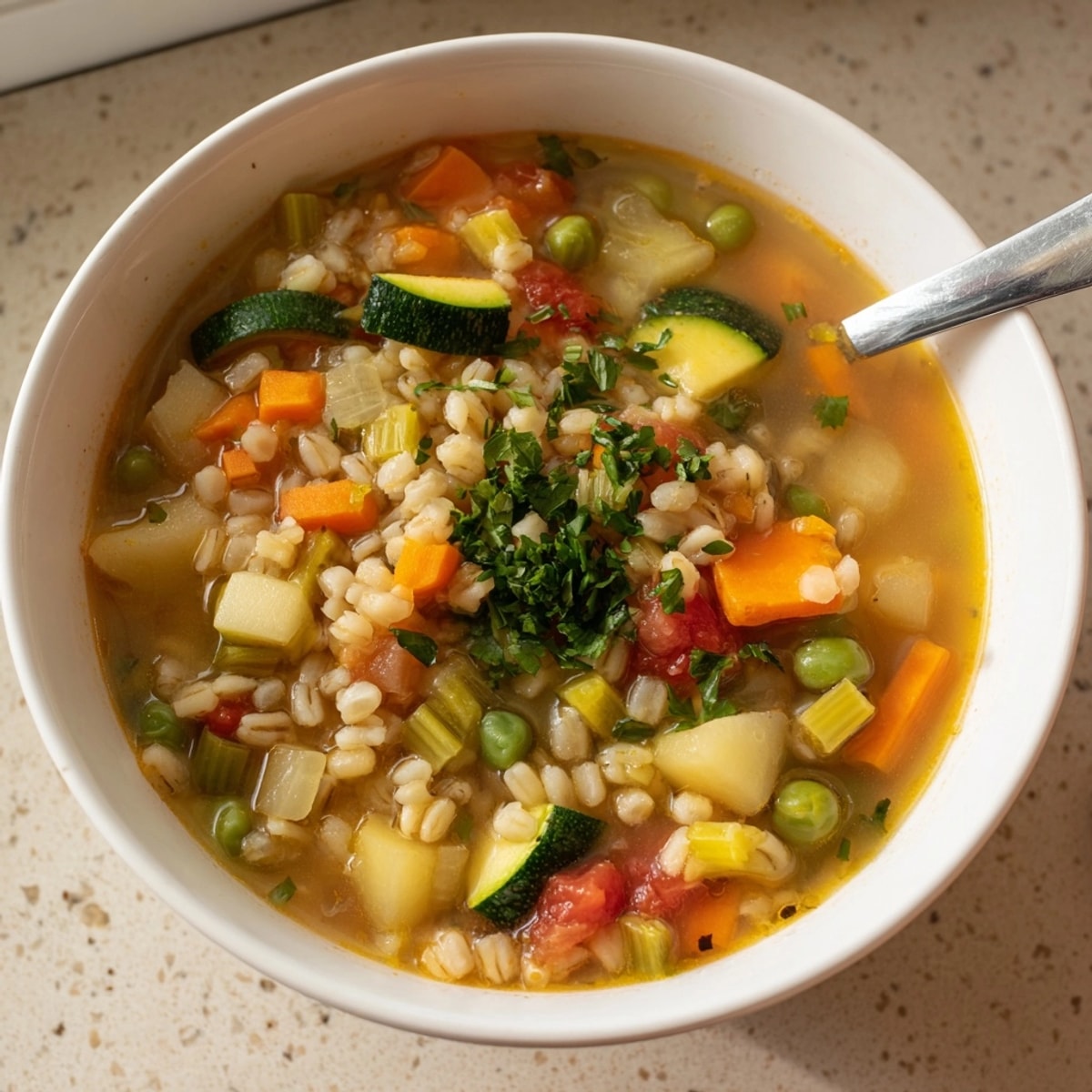 Comforting and warm, this Barley Vegetable Soup recipe is simmering on the stovetop, ready to serve.