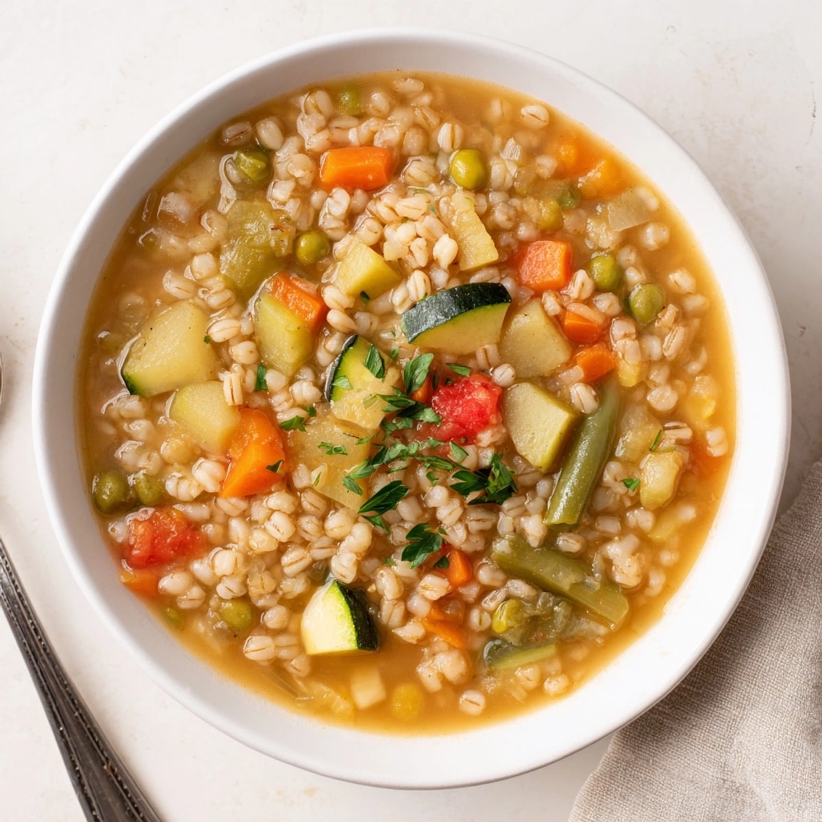 Close up of homemade Barley Vegetable Soup: rich broth with soft barley and vibrant green peas.