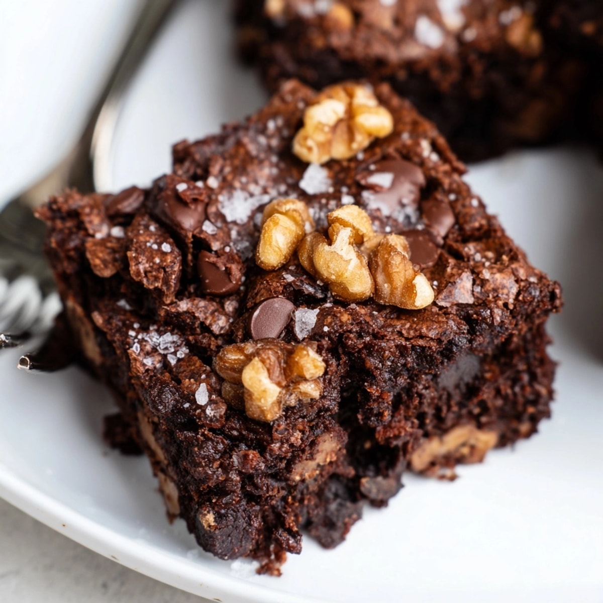 Close-up of fudgy Almond Flour Brownies, studded with chocolate chips, ready to slice.