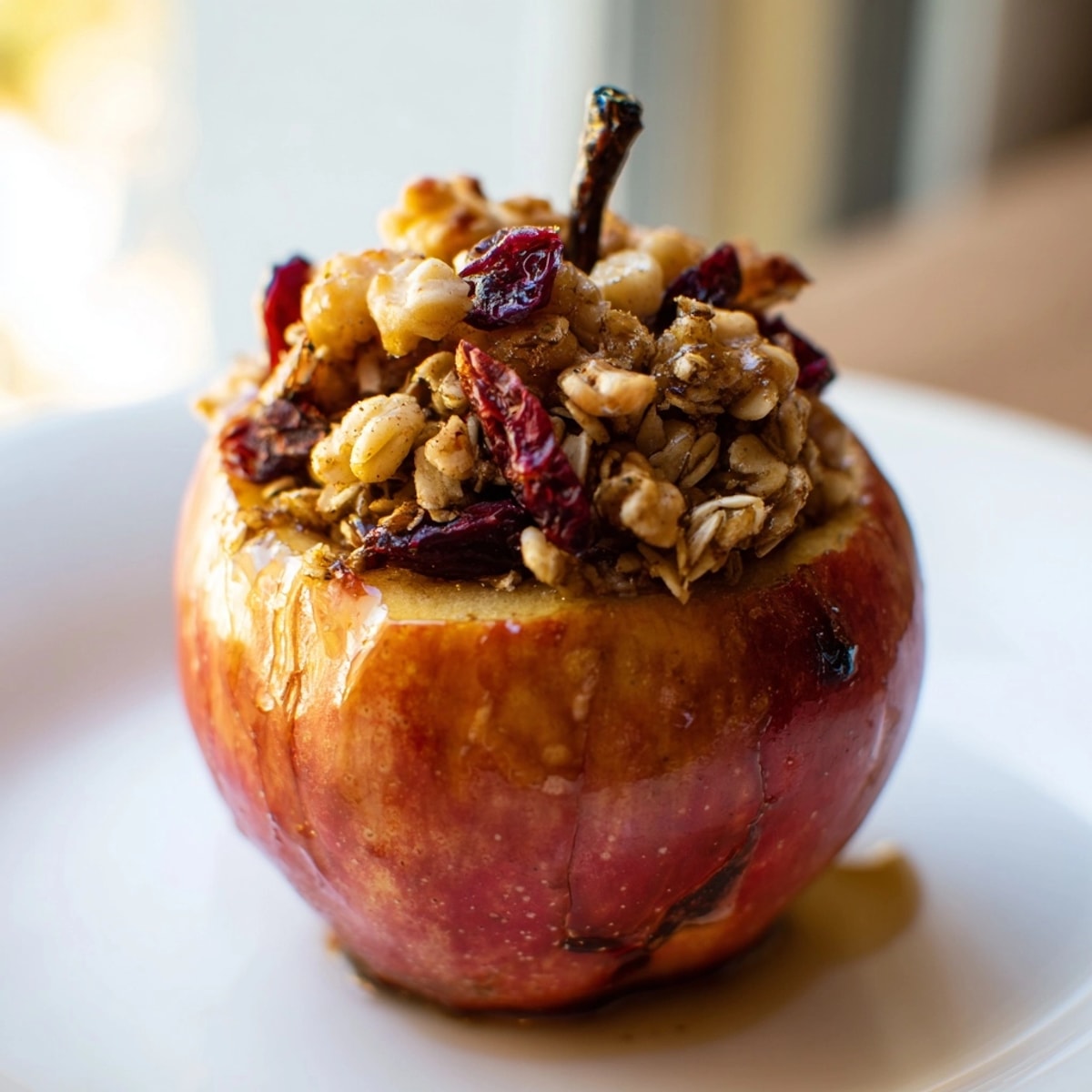 Close-up of a Maple Baked Apples brimming with oat, nut, and fruit filling.