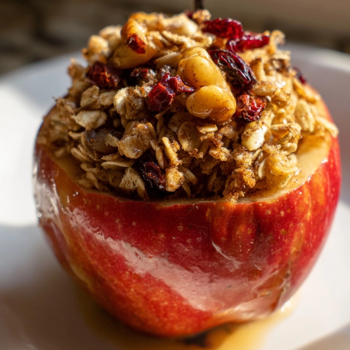 Homemade Maple Baked Apples recipe, showing moist apple filling and bubbling cider in pan.