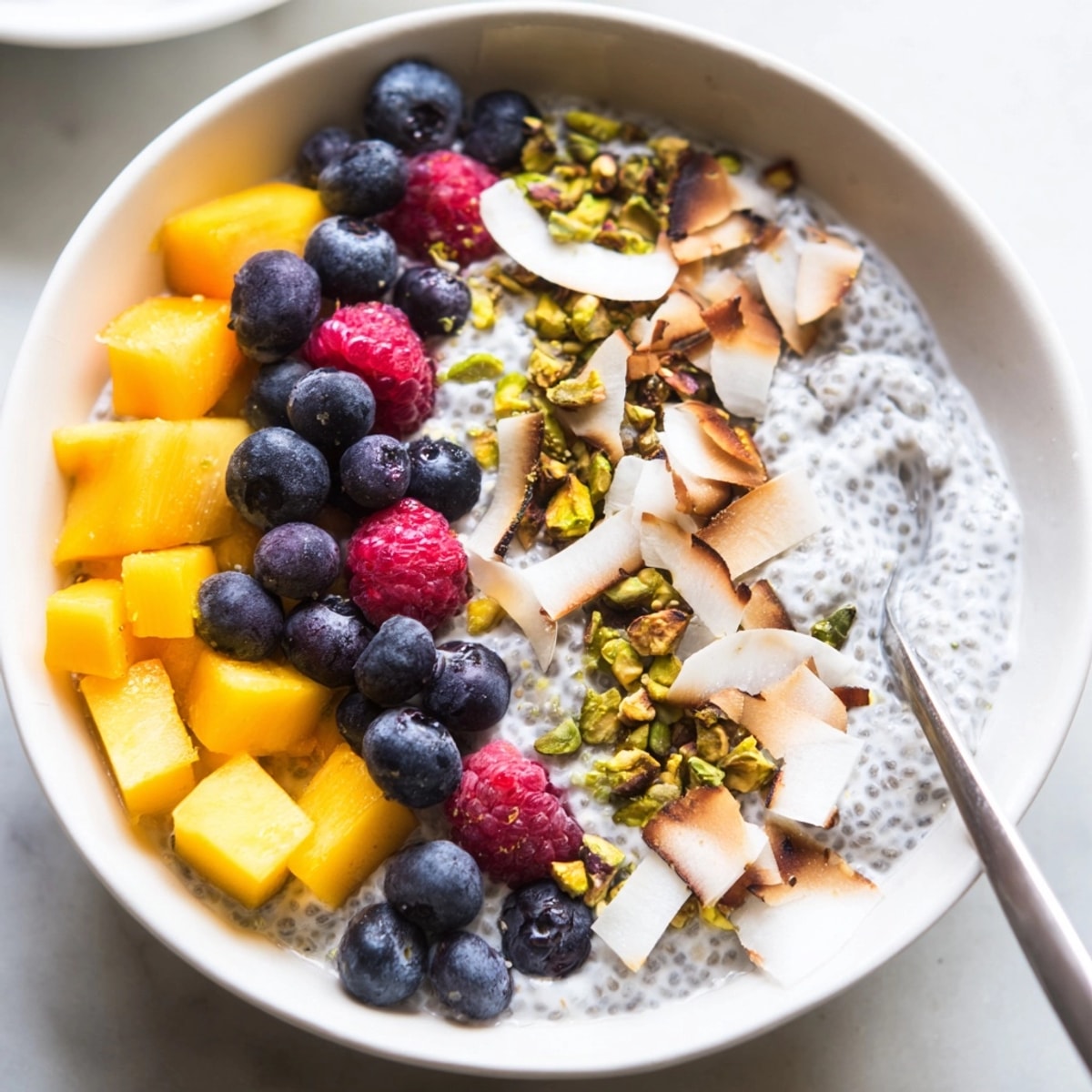 Creamy Coconut Chia Pudding with juicy mango and berries, a vegan breakfast treat.