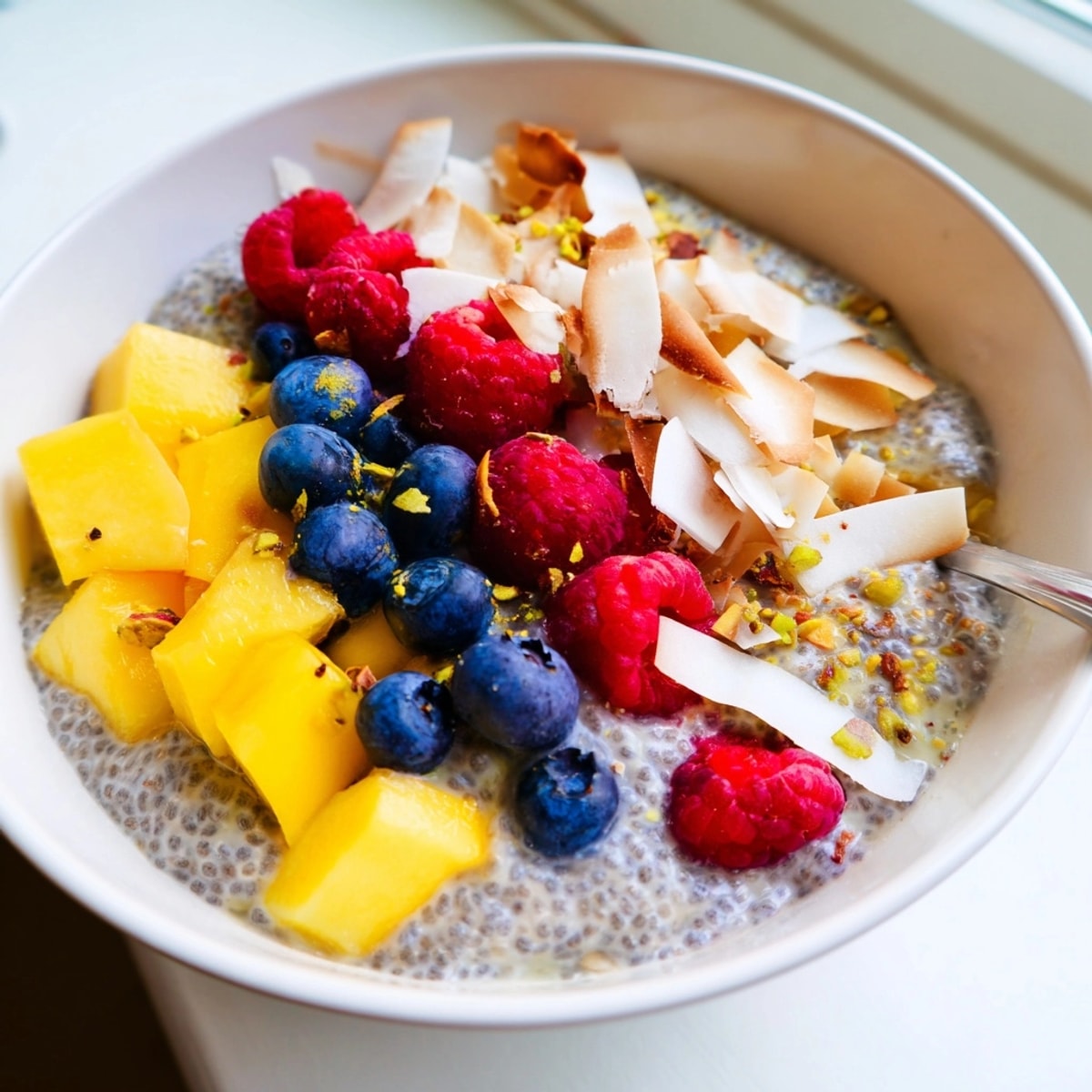 Silky smooth Coconut Chia Pudding, chilled to perfection and ready to eat as dessert.