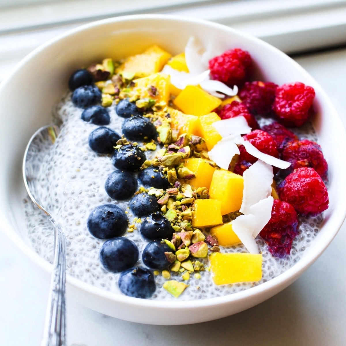 Easy Coconut Chia Pudding recipe: topped with toasted coconut and fresh berries for breakfast.