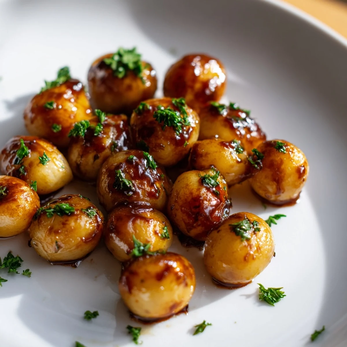 Sweet, glossy Balsamic Seasonal Glazed Onions glistening on a plate, perfect side for dinner.