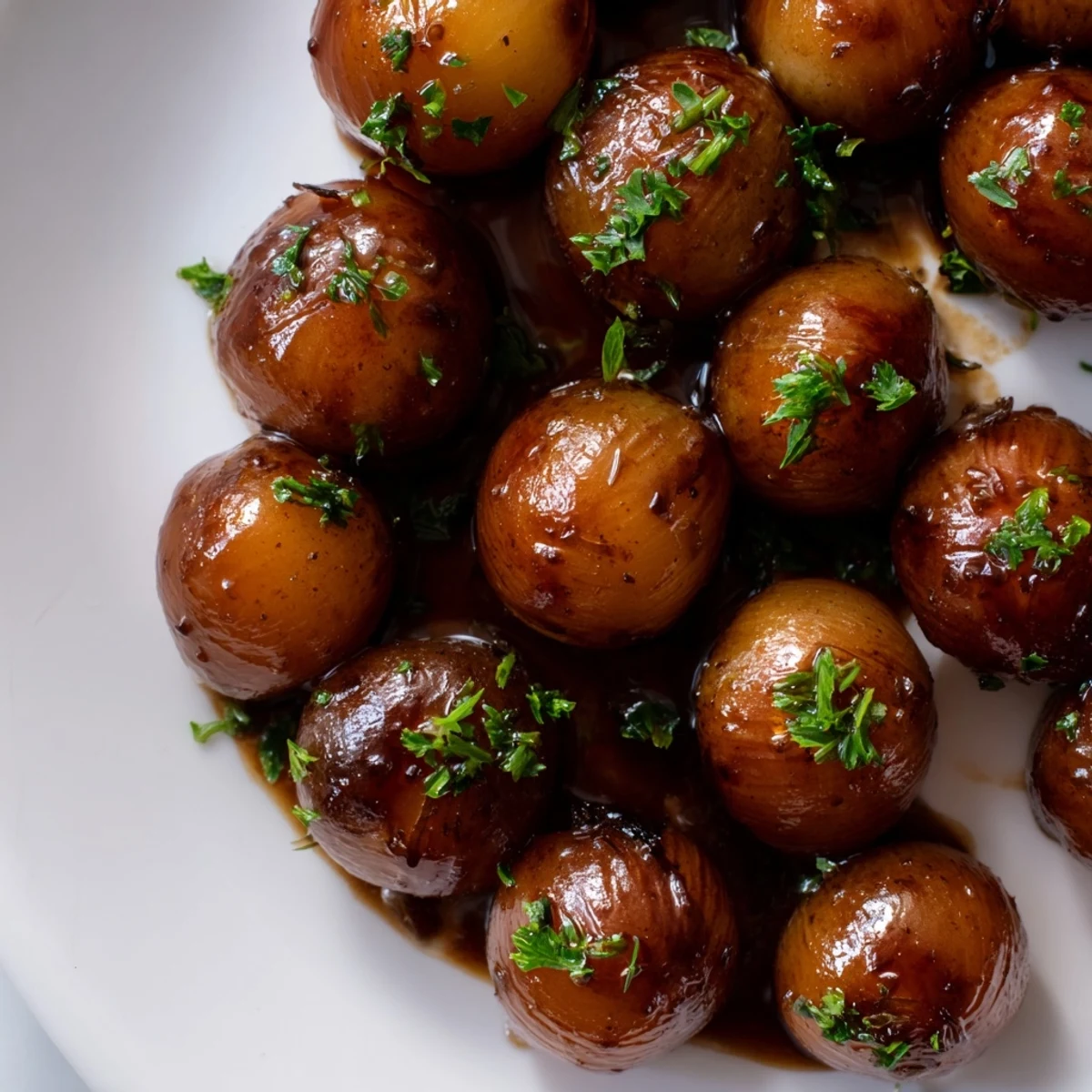 Tangy Balsamic Seasonal Glazed Onions, garnished with parsley, offer a flavorful balance alongside your meal.