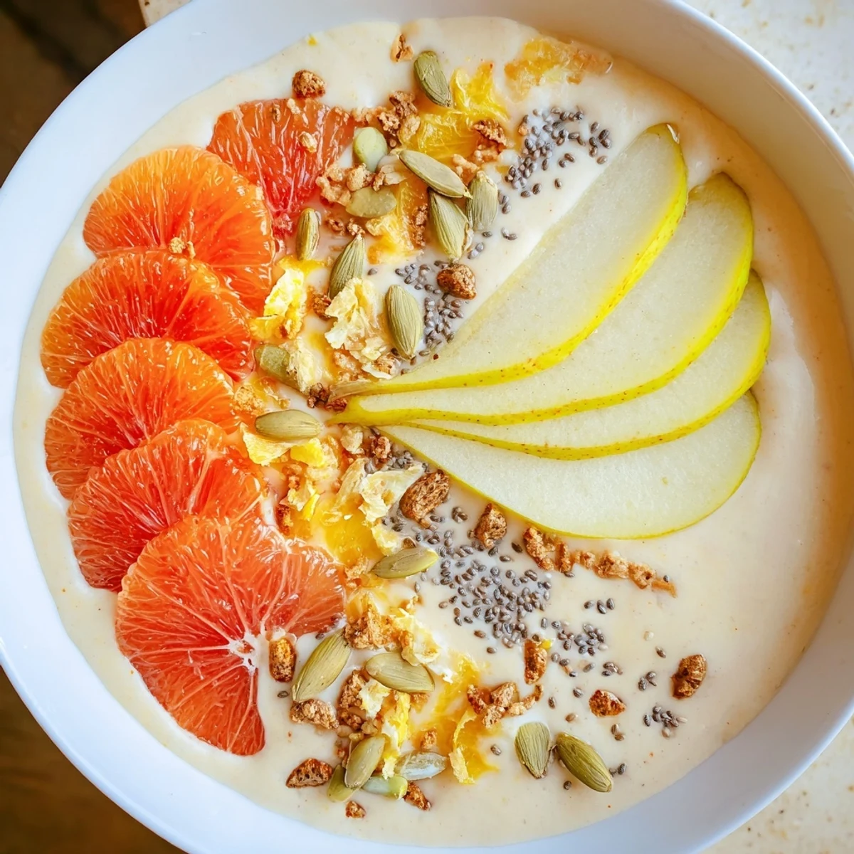 A beautiful Citrus Smoothie Bowl bursting with color, featuring juicy pear and sweet citrus fruits.