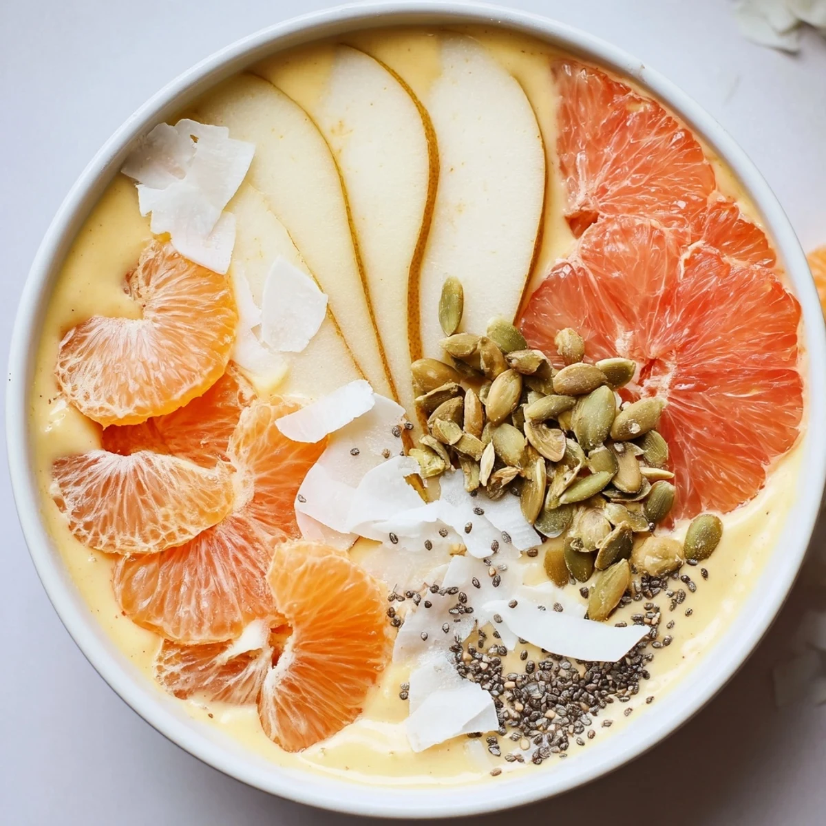 Creamy Citrus Smoothie Bowl with fresh pear slices and a sprinkle of pumpkin seeds, a vibrant start.