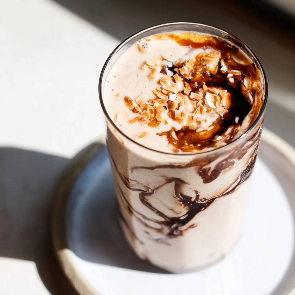 Creamy Coconut Collagen-Free Caramelized Molasses Smoothie, swirled with caramel, perfect for a treat.
