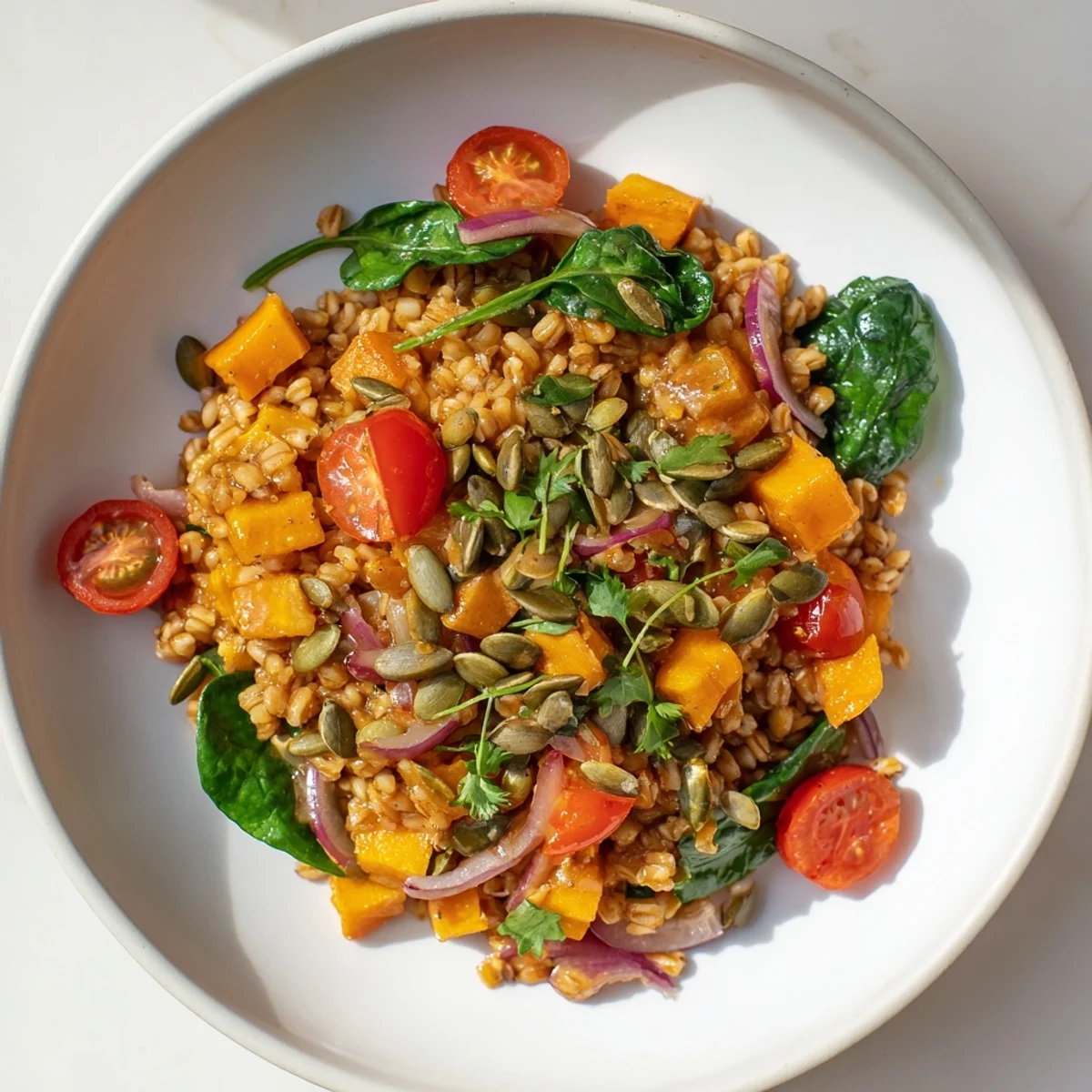 Golden Honey Glazed Barley Bowl, vibrant and steaming, sprinkled with pepitas and fresh herbs, ready to serve.
