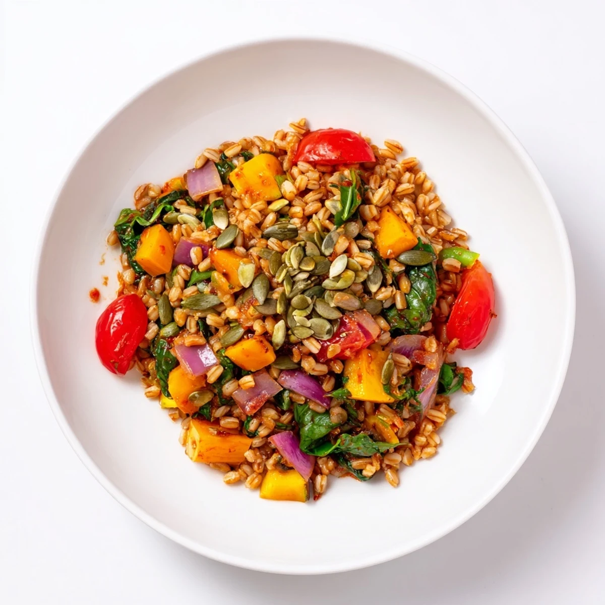 A hearty Honey Glazed Barley Bowl, showcasing spiced barley with colorful veggies and a sweet honey drizzle.