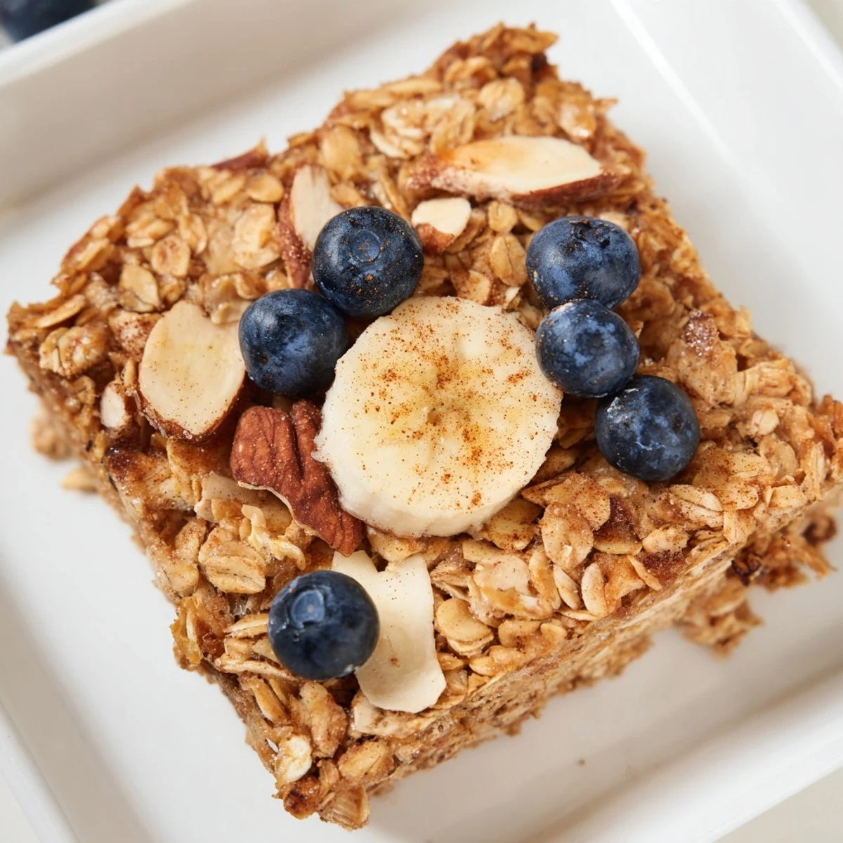 Golden-topped oat toasted and almond breakfast bake with warm berries, a comforting morning treat.