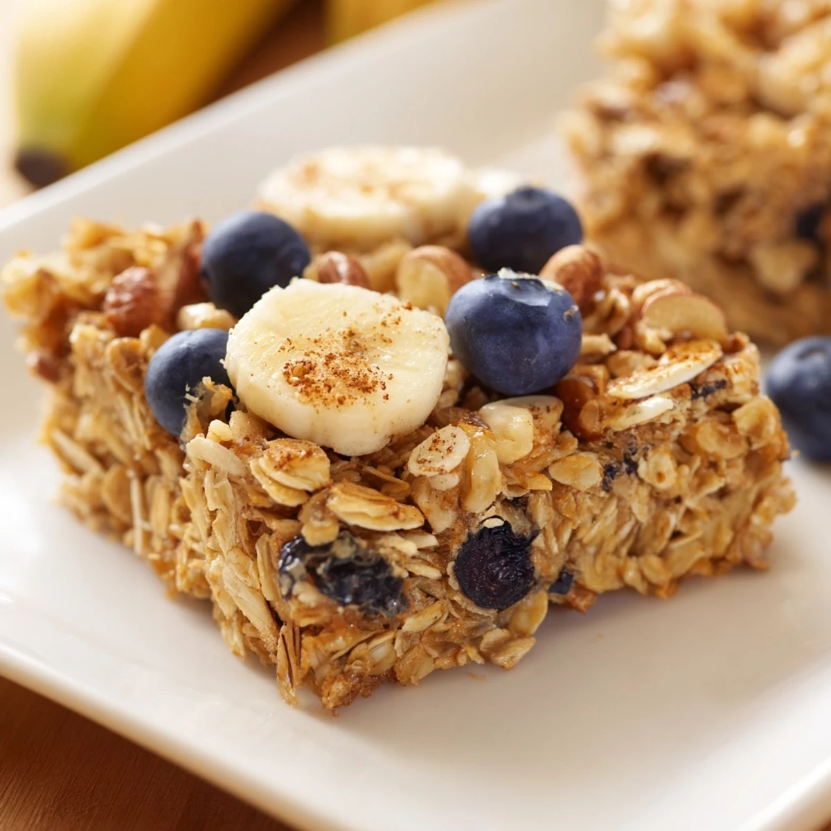 A close-up of a bubbling oat toasted and almond breakfast bake, ready to be served warm.