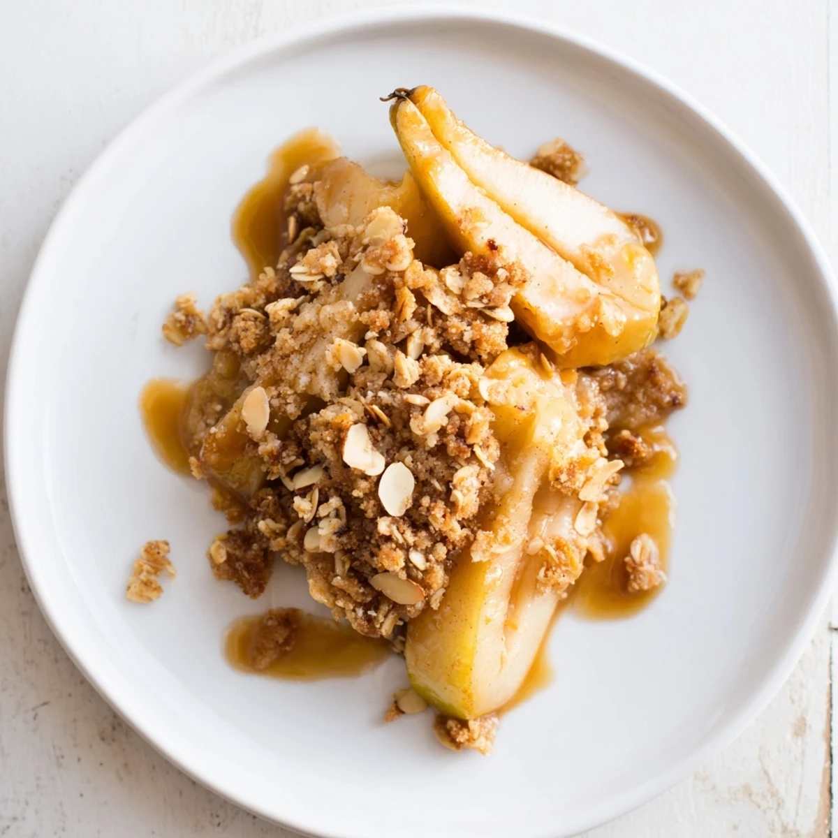 Golden-brown, bubbly Pear Almond Crumble served with a rich miso glaze, ready to enjoy.