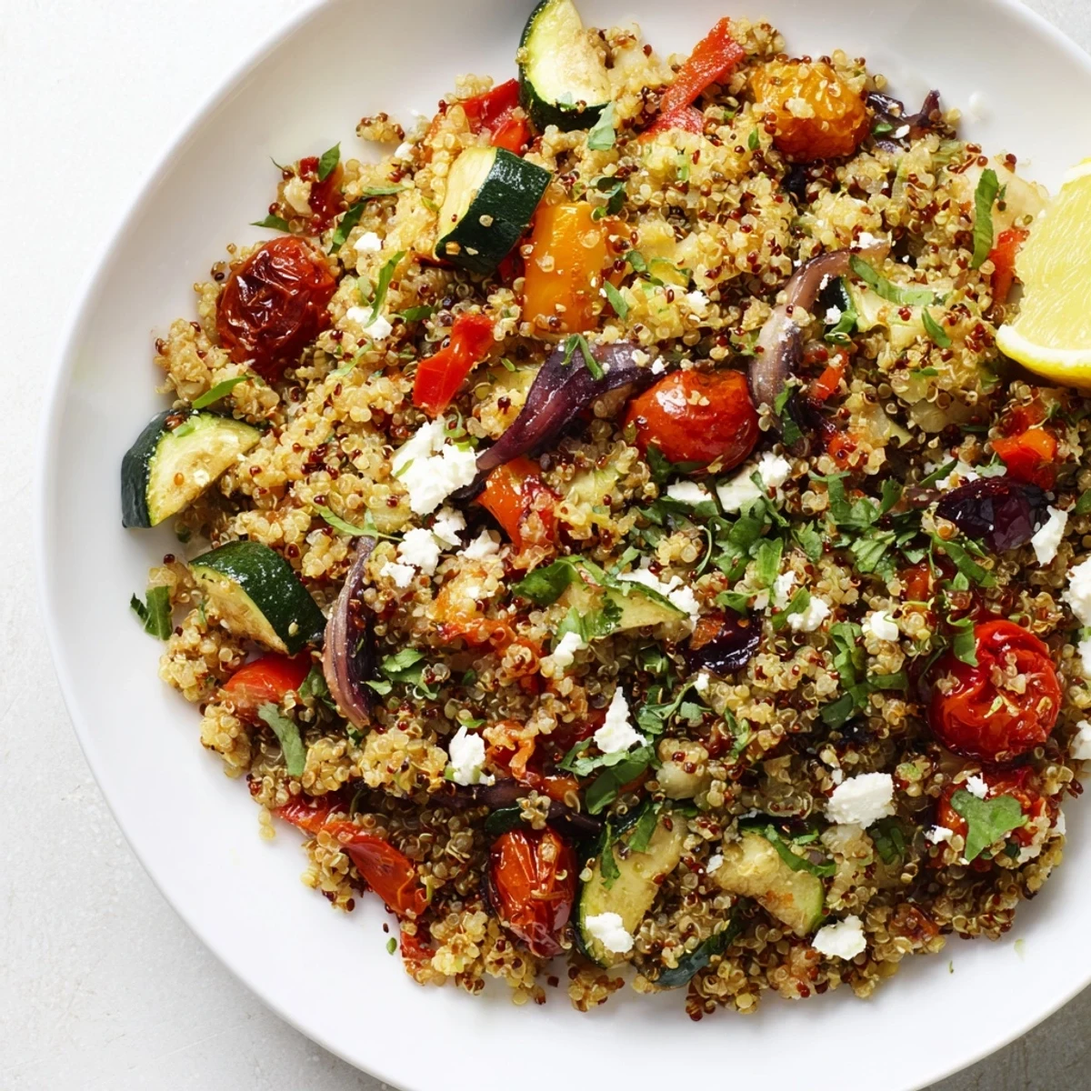 Steaming hot Quinoa Rustico Pilaf with roasted vegetables, a healthy vegetarian meal option.