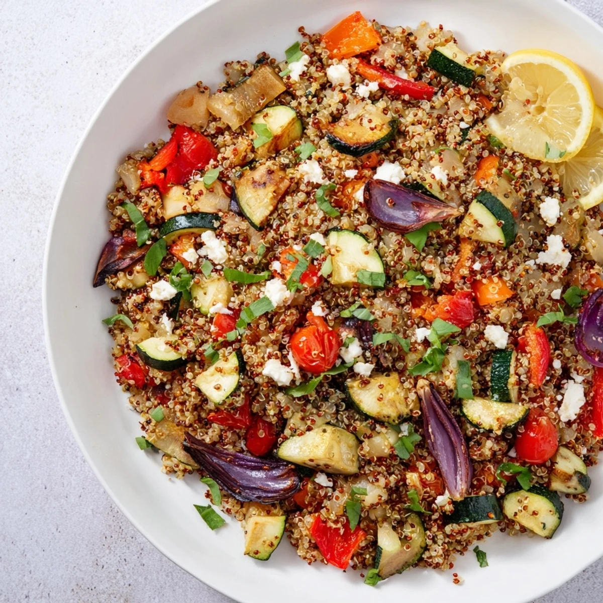 Golden-brown roasted vegetables mixed into a vibrant Quinoa Rustico Pilaf for a flavorful side.