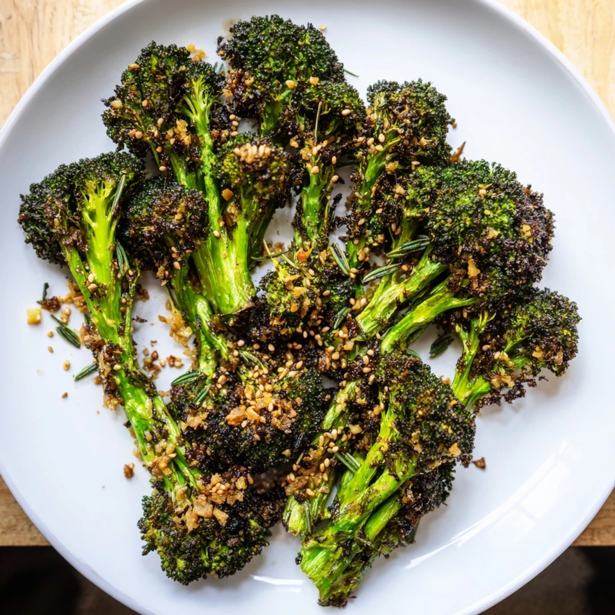 Crispy sesame roasted broccoli, glistening with oil, and sprinkled with fragrant toasted sesame seeds; a delicious side.